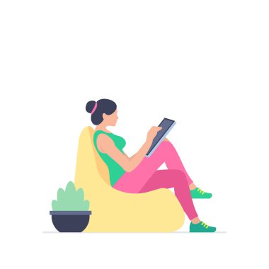 Kadın onun tabletinde çalışıyor. Ofis işi konsepti. Düz stil. beyaz arkaplanda izole