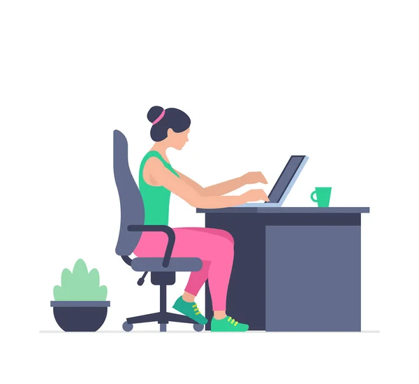 Kobieta Pracuje Przy Jego Laptopie Koncepcja Biznesu Biurowego Styl Płaski — Wektor stockowy