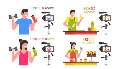 Erkek ve Kadın blog yazarları. Yemek blogcusu, Atletik blogcu. Video çekiyorum. Düz stil. beyaz arkaplanda izole