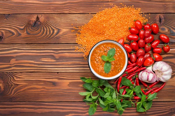 Red Lentil Soup Ingredients Top View Space Text — Stock Photo, Image