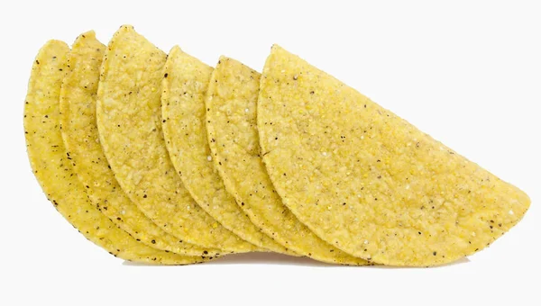 Šest Prázdných Žlutá Kukuřice Taco Skořápky Objetí Izolovaný — Stock fotografie