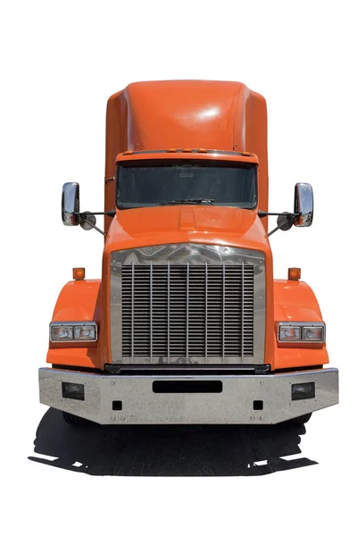 Trucking industry: Orange cab white trailer. Front view. Isolated.