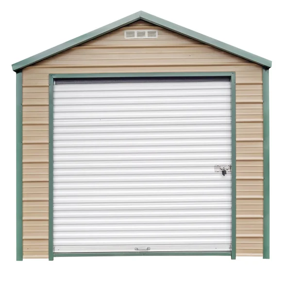 Backyard Utility Shed:New tan with green trim storage shed. Isolated.