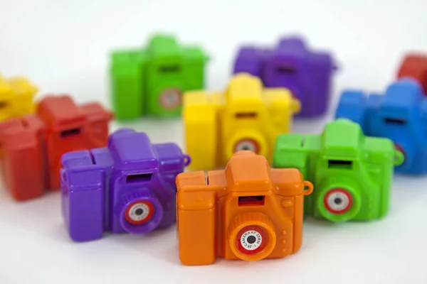 Plastic Toy Cameras Colorful Toy Cameras Shallow Depth Field — Stock Photo, Image