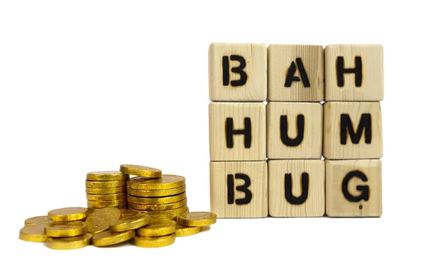 Bah Humbug Montones Monedas Oro Con Sentimiento Scrooge Dinero Bah — Foto de Stock