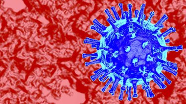 Kırmızı zemin üzerinde mavi bir virüsün 3 boyutlu bir çizimi