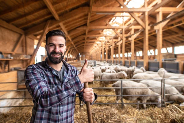 Cattleman Agricultor Con Pulgares Hacia Arriba Posando Granero Madera Granja — Foto de Stock