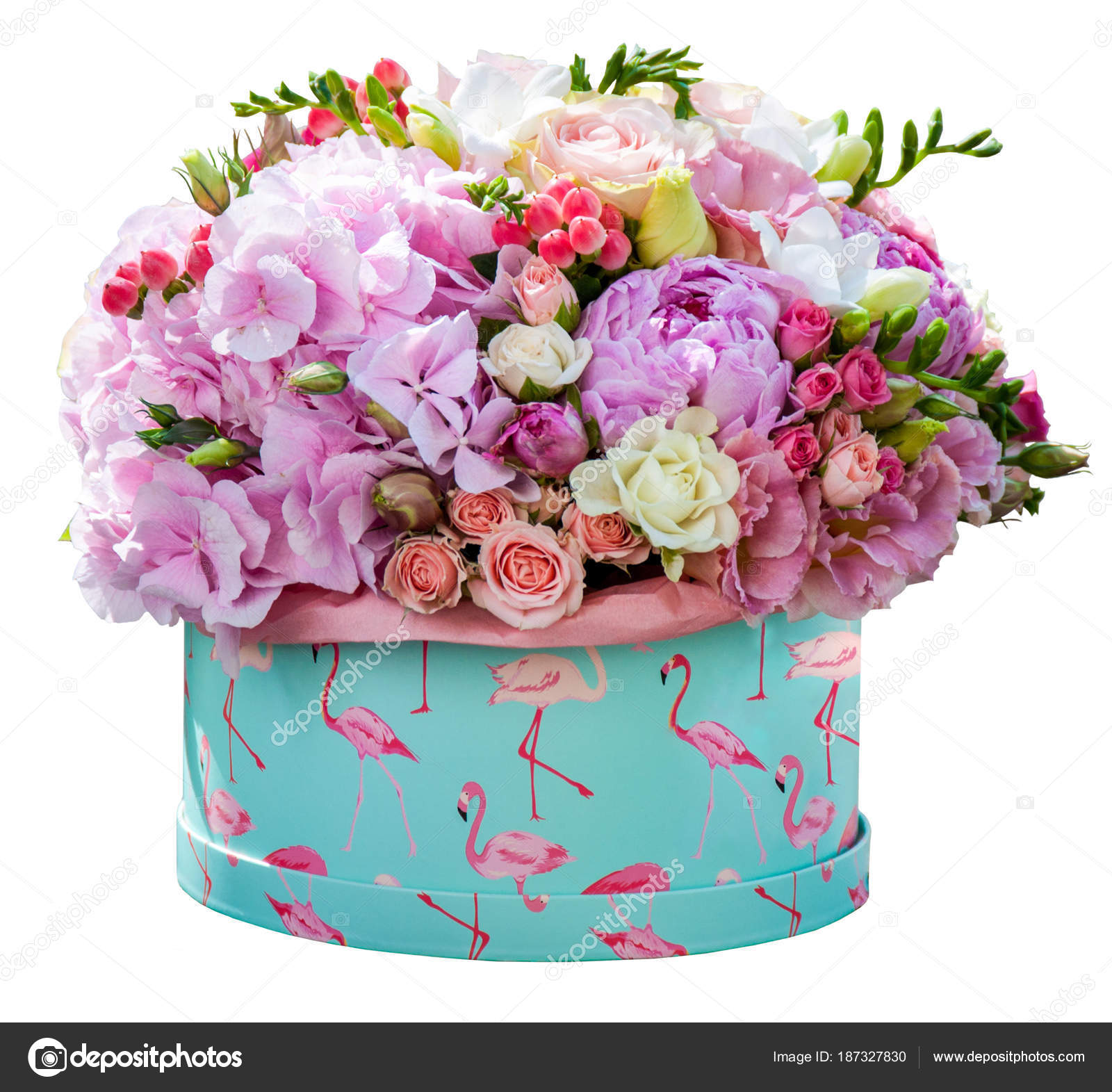 Beau Bouquet Tendre Des Fleurs Boîte Rose Isolé