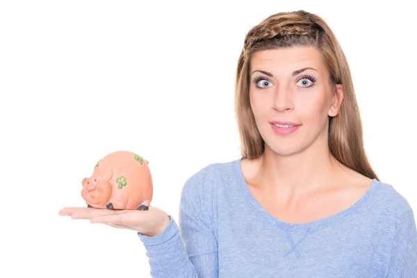 Young woman with piggy bank — Stock Photo, Image