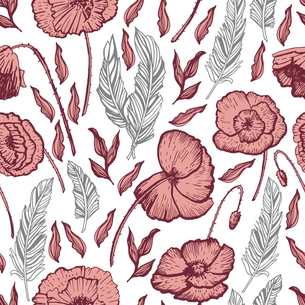 羽毛和罂粟花在波西米亚风格样式 — 图库矢量图片