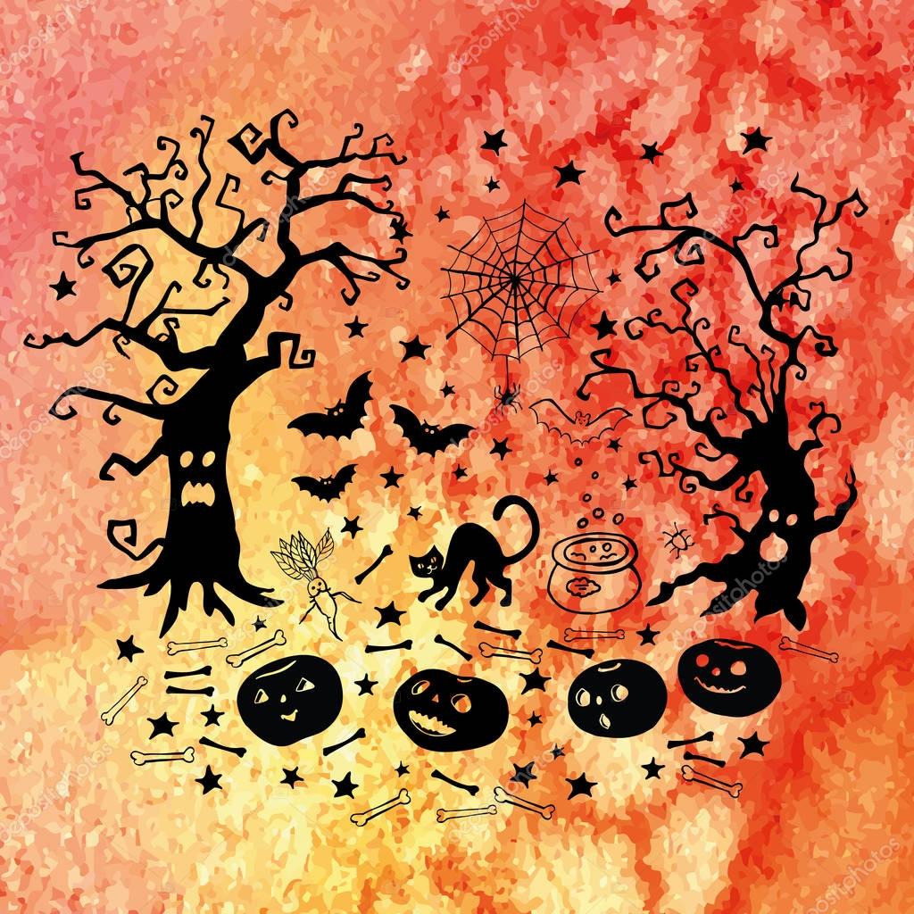 Download Bright Decorative Set For Halloween Watercolor Background Illustration For Greeting Cards Invitations And Other Printing Projects Premium Vector In Adobe Illustrator Ai Ai Format Encapsulated Postscript Eps Eps Format