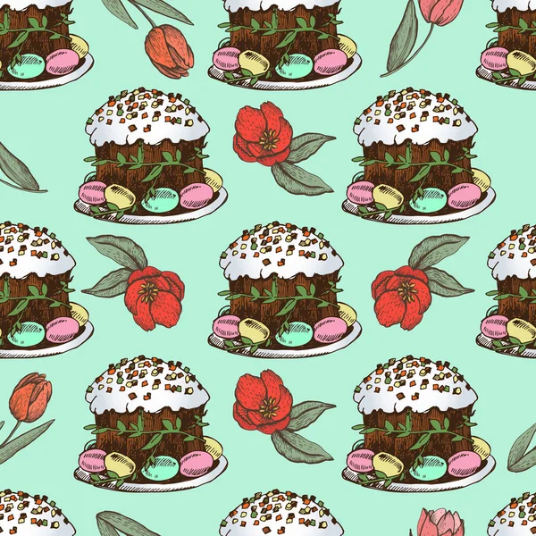 Pâques de printemps sans couture avec des gâteaux . — Image vectorielle