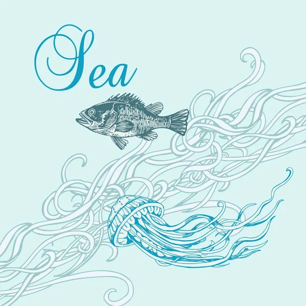 Kartu grafis dengan motif laut - Stok Vektor