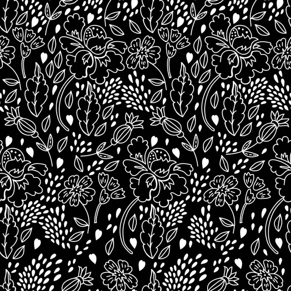 Floral doodle noir et blanc motif sans couture — Image vectorielle