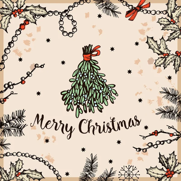 Cartão Natal Com Buquê Visco Estilo Esboço Gráfico Desenho Natal — Vetor de Stock