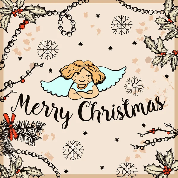 Kartki Świąteczne Aniołem Styl Graficzny Szkic New Year Christmas Design — Wektor stockowy