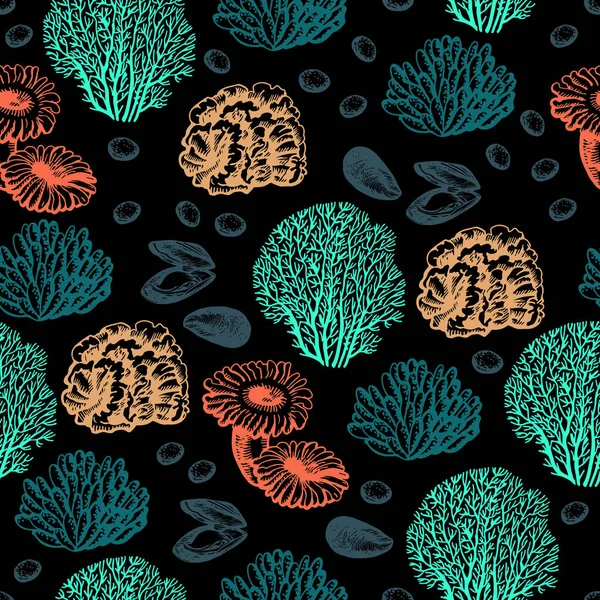 装飾的な手描きのシームレスな海 海のサンゴ グラフィックのシームレスなパターン ファブリックの設計 ギフト包装紙 印刷および Web プロジェクトのシームレス — ストックベクタ
