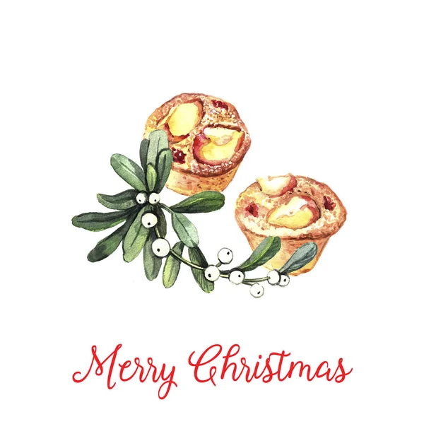 Weihnachtskarte Mit Kuchen Und Zweigen Von Stechpalme Und Mistel — Stockfoto