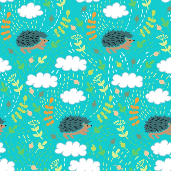 Seamless Pattern Funny Cartoon Hedgehogs Clouds Vector Illustration — Stock Vector