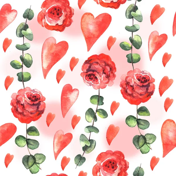 情人节的玫瑰和红心水彩图案 — 图库照片