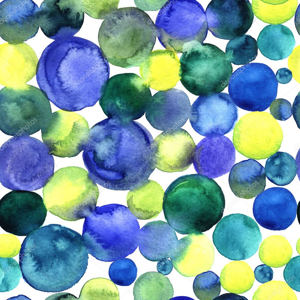 Watercolor print with blue, yellow and green circles