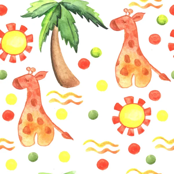 Children Watercolor Pattern Giraffes Palm Trees — Stock Photo, Image