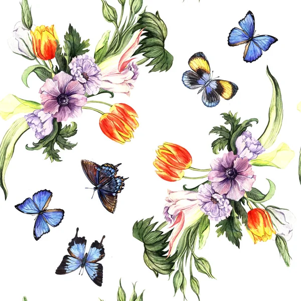 Watercolor Pattern Spring Flowers Butterflies White — Stock Photo, Image