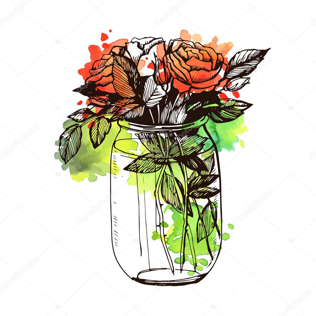 Graphic bouquet of roses in a glass jar, vector illustration 