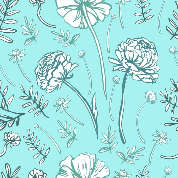 ラナンキュラスの花 ベクトル イラストと装飾的なピンクのグラフィック パターン — ストックベクタ