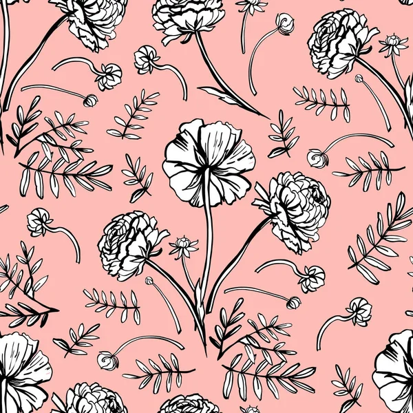 Motif Décoratif Graphique Rose Avec Fleurs Ranunculus Vecteur Illustration — Image vectorielle