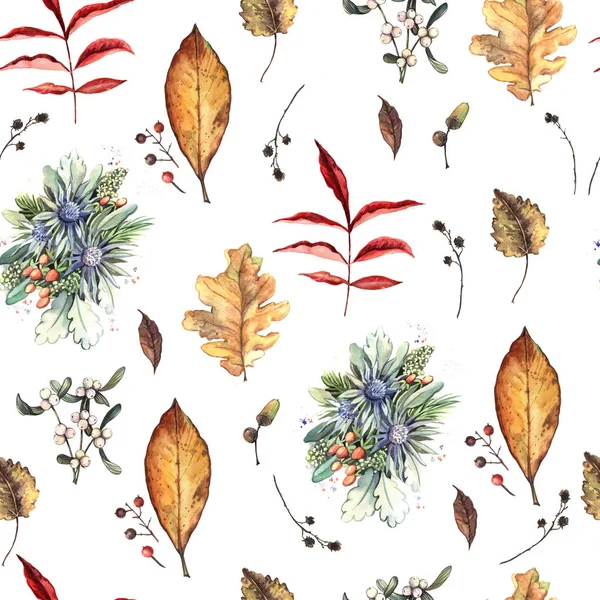 水彩の花や葉で手描きのシームレスなパターン — ストック写真