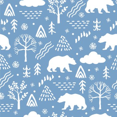 Ayılar ve orman ağaçlarıyla kış deseni
