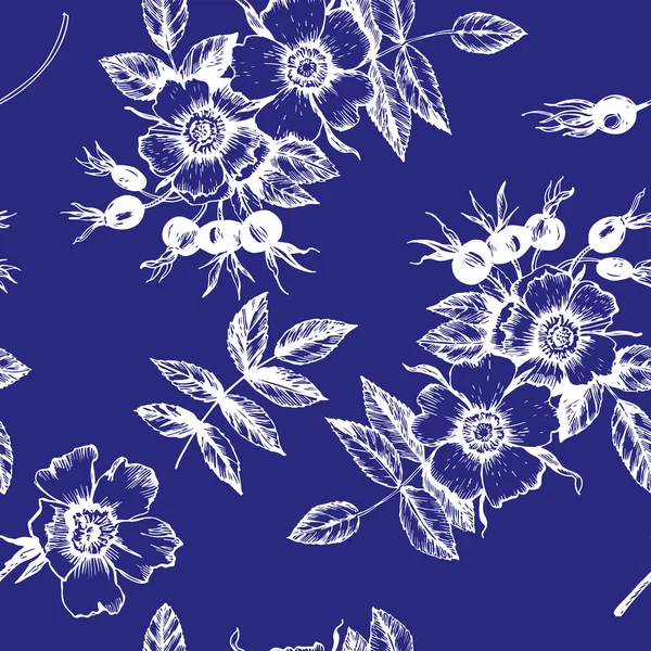 Blaues Muster mit wilden Rosenblüten — Stockvektor