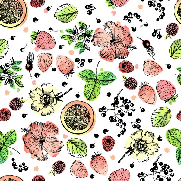 Modello Decorativo Alla Frutta Fiori Boccioli Frutti Foglie Rami Illustrazione — Vettoriale Stock
