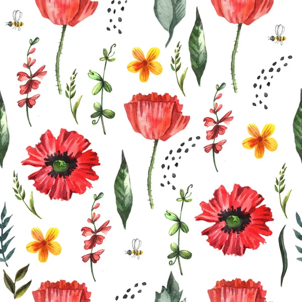 Doodle Flowers Watercolor Seamless Set Folklore Motifs Stylization Embroidery Manual — Stock Photo, Image