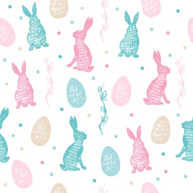 Tavşanlı ve yumurtalı grafiksel paskalya deseni. Vektör çizimi. Manüel grafikler. Çeşitli yüzeyleri dekore etmek için kusursuz desen 