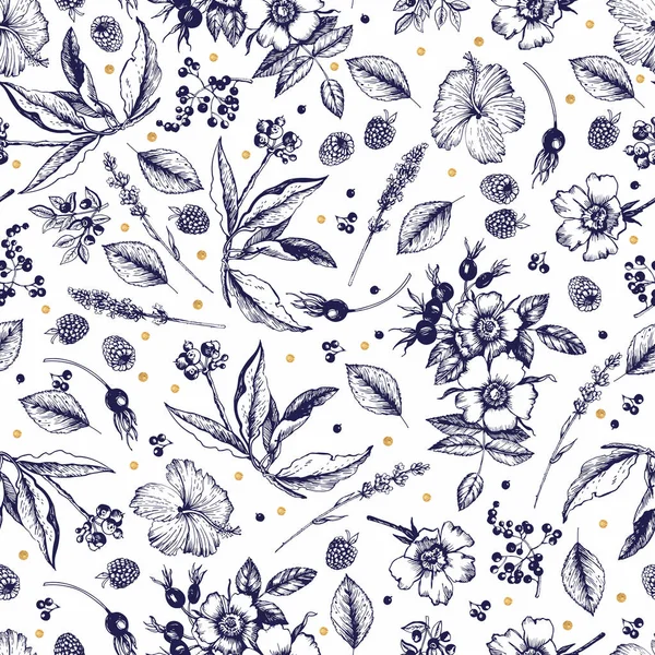 Grafisch Blauw Patroon Met Botanische Schetsen Bloemen Knoppen Vruchten Bladeren — Stockvector