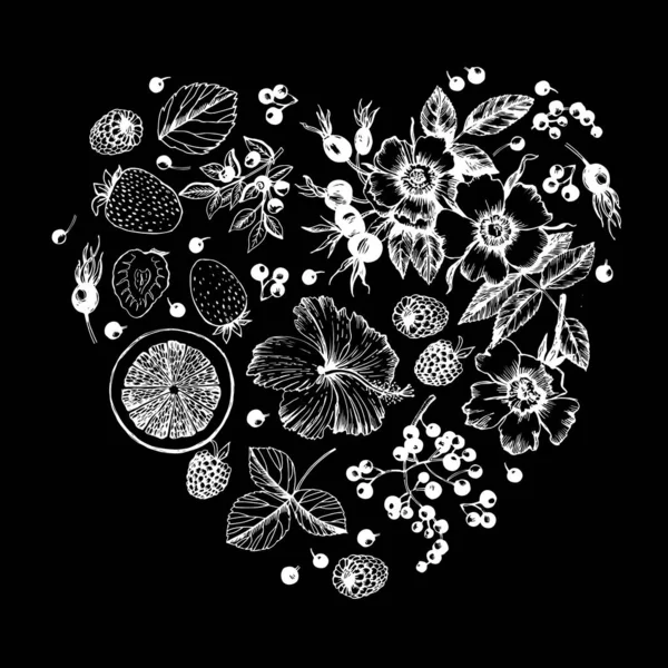 Γραφική Καρδιά Φυτά Τσάι Φρούτα Μαύρο Φόντο Γραφικό Σύνολο Λουλούδια — Διανυσματικό Αρχείο