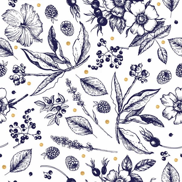 Gráfico Sin Costuras Con Bocetos Botánicos Flores Brotes Frutos Hojas — Vector de stock