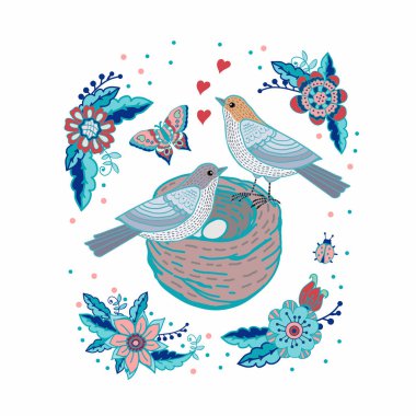 Karalama kuşları ve çiçeklerle süslü bahar kartı. Kuşlar yuva yapar. Karalama çiçekleri ve kuşlar. Vektör çizimi. Elle çizimler. 