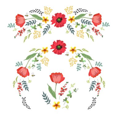 Parlak yaz çiçekleriyle dekoratif süsler. Folklor motifleri, nakış stili. Vektör çizimi. Manüel grafikler. Çeşitli yüzeyleri süslemek için uygun.