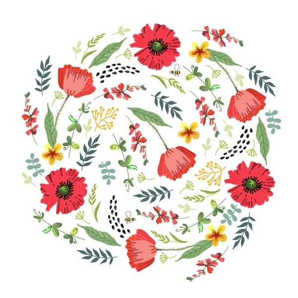 Decorative Card Bright Summer Flowers Folklore Motifs Stylization Embroidery Vector — Stock Vector