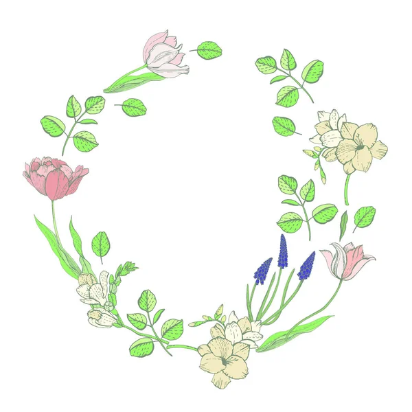 Graficzny Wieniec Dekoracyjny Wiosennymi Kwiatami — Wektor stockowy