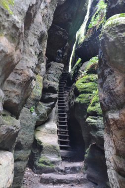 Holztreppe zwischen Felsen - Aufstieg zum Pfaffenstein im Elbsansteingebirge 