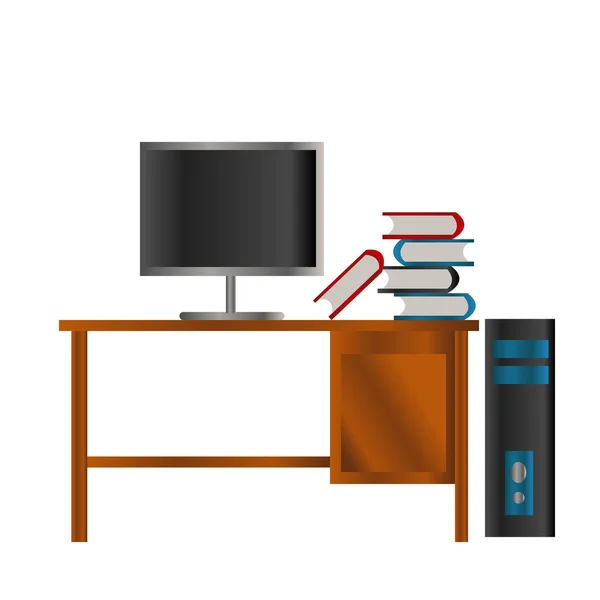 Червона синя чорна книга та РК-екран на дерев'яному столі та чорно-синій коробці ПК — стоковий вектор