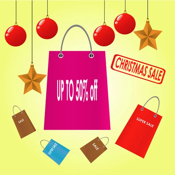 Χριστούγεννα πώληση αφίσα με shoping τσάντα golden star και cristmas μπάλα διακόσμηση εικονογράφηση διάνυσμα — Διανυσματικό Αρχείο