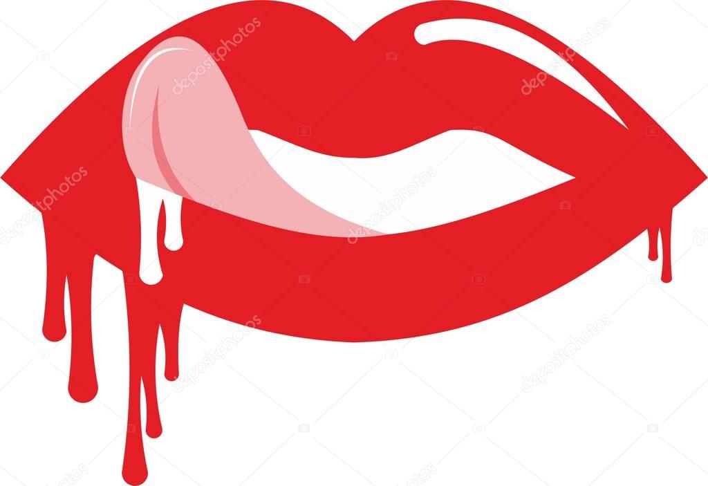 Wet red lips with tongue