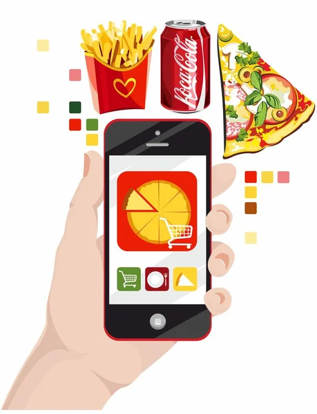 用设备、电话、快餐、比萨饼、薯条来订购食物 — 图库矢量图片