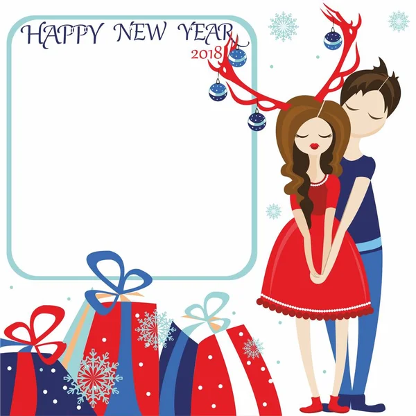Yeni yıl kartı boynuzları, hediyeler, bir kızla