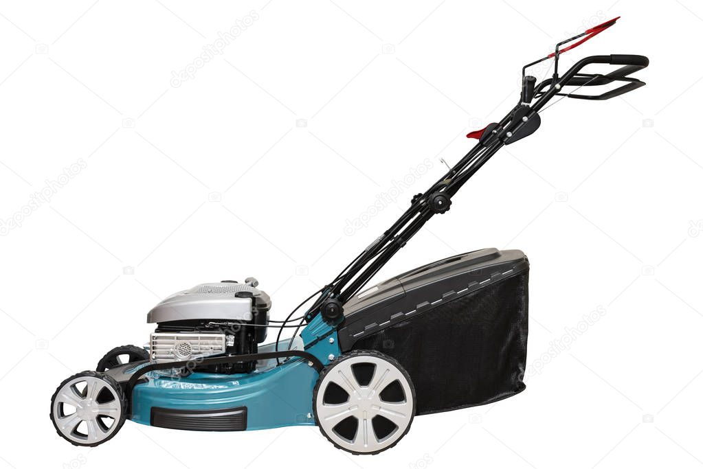 Isolated Blue Petrol Lawn Mower.